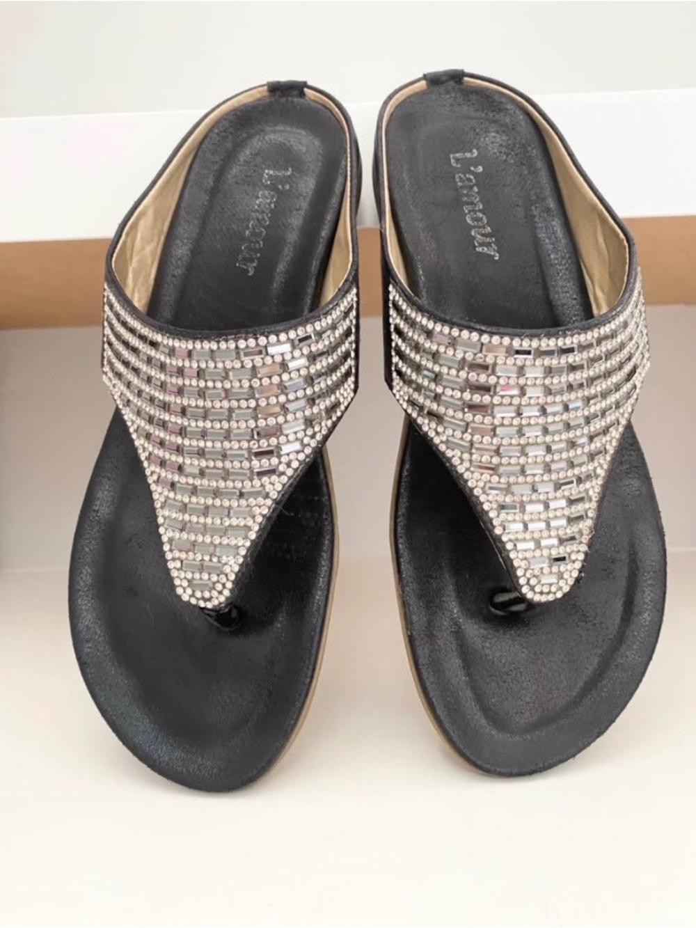 L'Amour Black Crystal-Embellished Thong Sandals